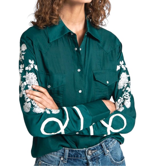 One Teaspoon Tops - NWOT One Teaspoon San Cerena Western Embroidered Shirt Green